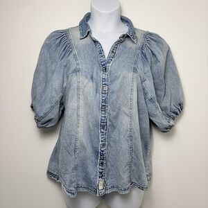 Free People We The Free Suhrie Denim Puff Sleeve Top Sz Large Button Up Oversize